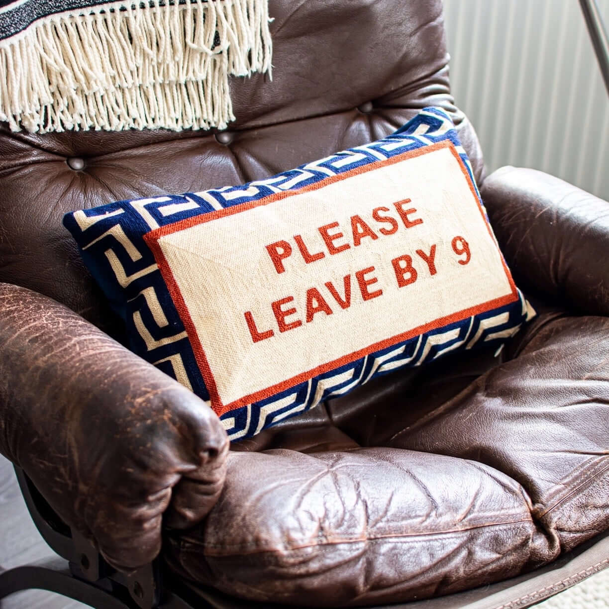 Please Leave By 9 Needlepoint Cushion
