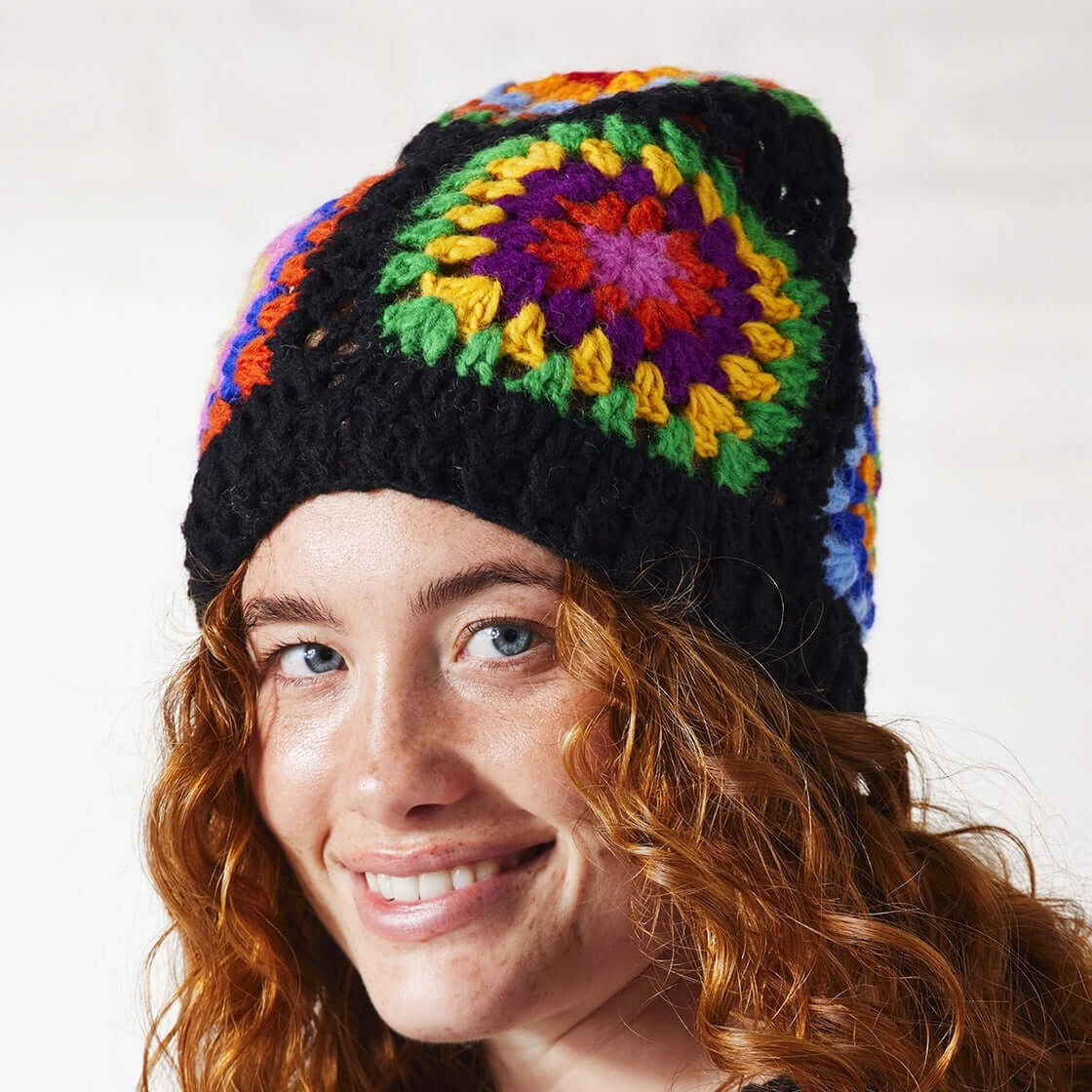 Crochet Granny Square Rainbow Beanie Hat- Black