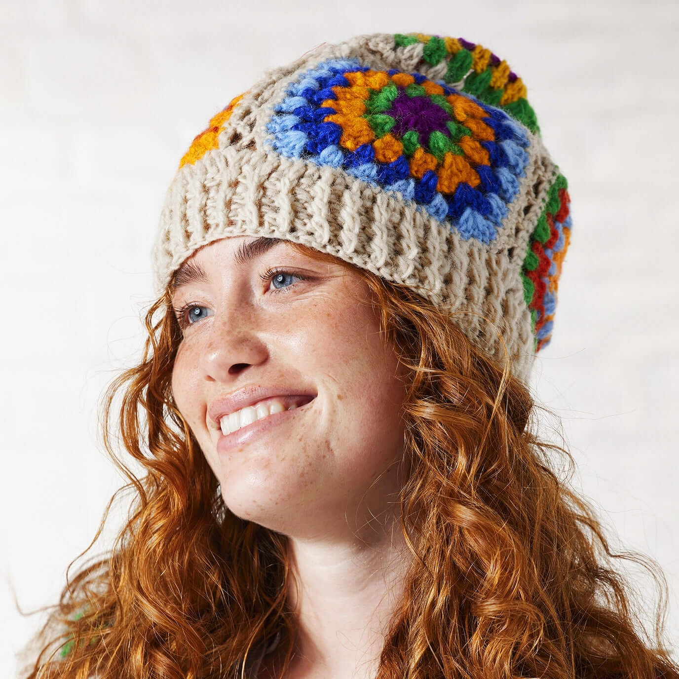 Crochet Granny Square Rainbow Beanie Hat- Cream