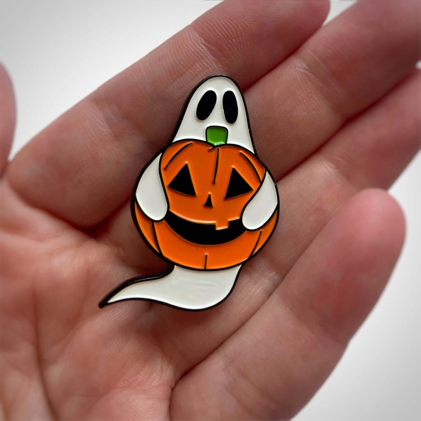 Halloween Ghost Holding Pumpkin Enamel Pin