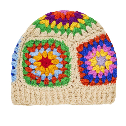 Crochet Granny Square Rainbow Beanie Hat- Cream