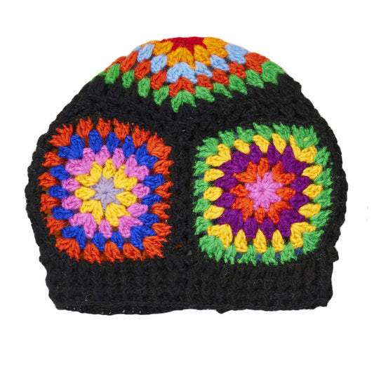 Crochet Granny Square Rainbow Beanie Hat- Black