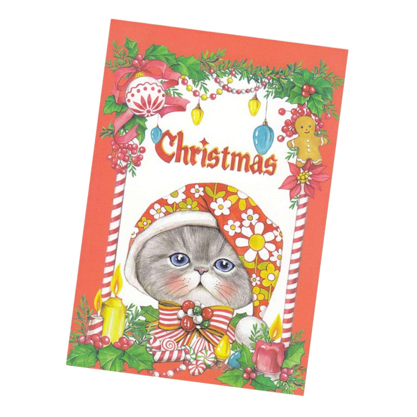 Rumi Cat Kitsch Christmas Postcard- RED