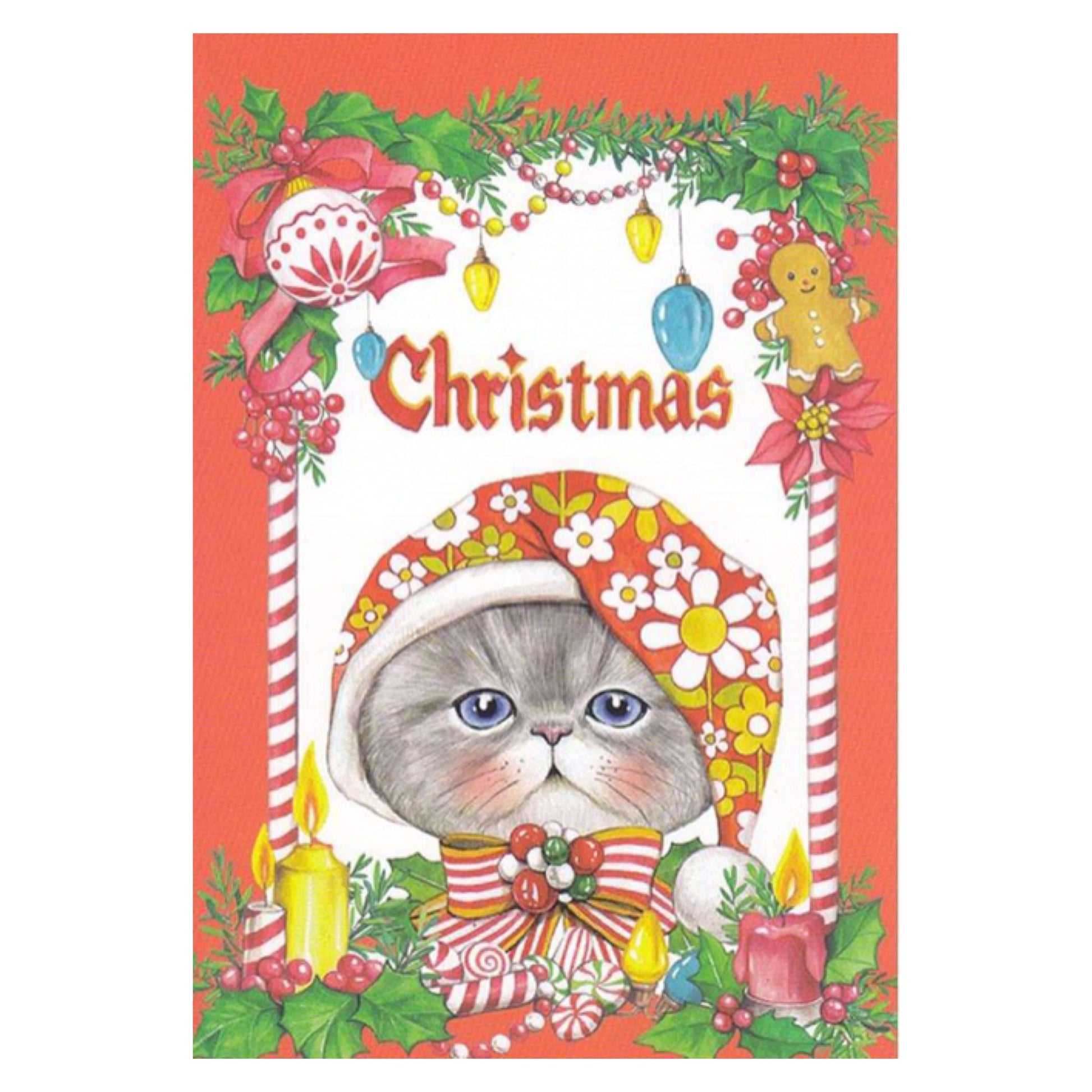 Rumi Cat Kitsch Christmas Postcard- RED £1.5 Five Little Diamonds